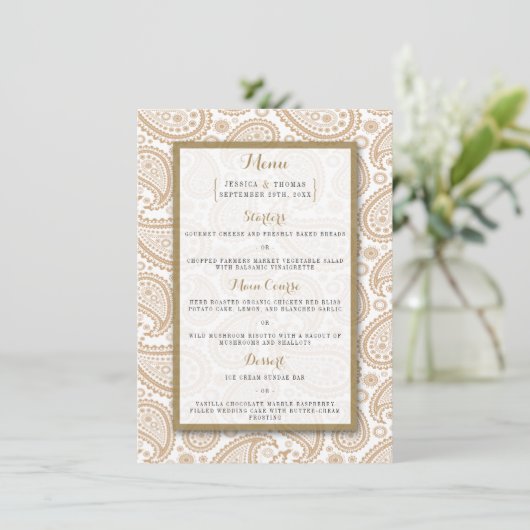 Het moderne Paisley Wedding Collectie - Bruin Menu (Staand voorkant)