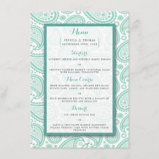 Het moderne Paisley Wedding Collectie - Groen Menu (Voorkant)