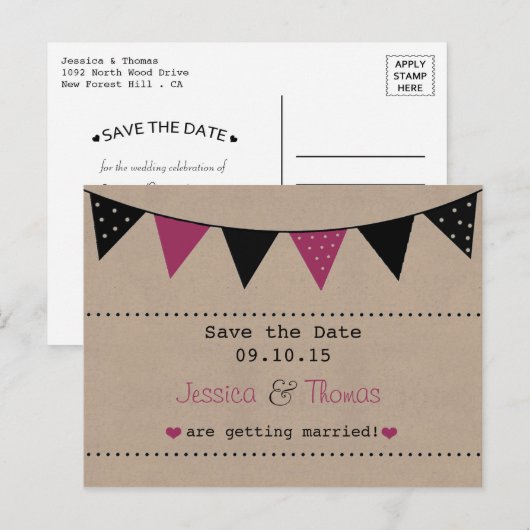 Het moderne roze Collectie van het Bunting Wedding Aankondigingskaart (Voorkant / Achterkant)