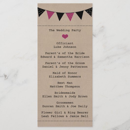 Het moderne roze Collectie van het Bunting Wedding Programmakaart (Achterkant)