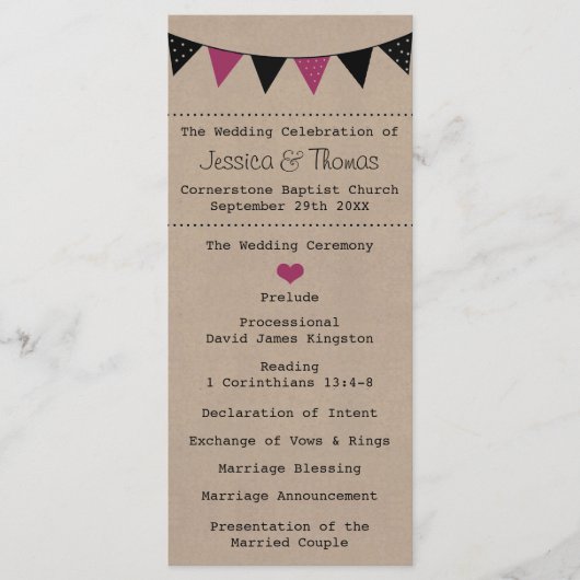 Het moderne roze Collectie van het Bunting Wedding Programmakaart (Voorkant)