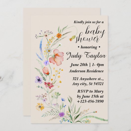 Het moderne Wildflower Boho Baby shower Kaart (Voorkant / Achterkant)