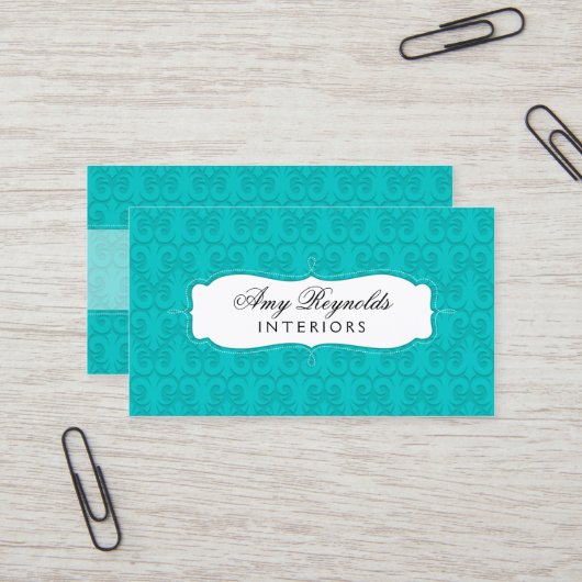Het modieuze Turkoois van het Damast Visitekaartje (Voorkant / Achterkant in situ)