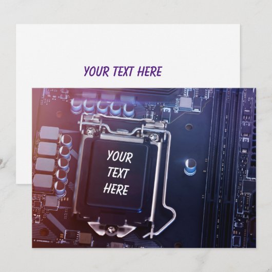 Het moederbord van de computer met tekst op cpu feestdagenkaart (Voorkant / Achterkant)