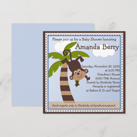 Het Monkeover/de Uitnodiging van het Baby shower v (Voorkant / Achterkant)