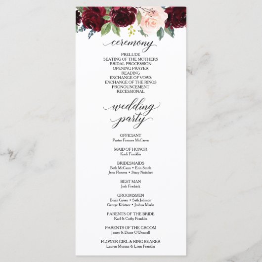 Het mooie Burgundy Weddenprogramma Programmakaart (Achterkant)