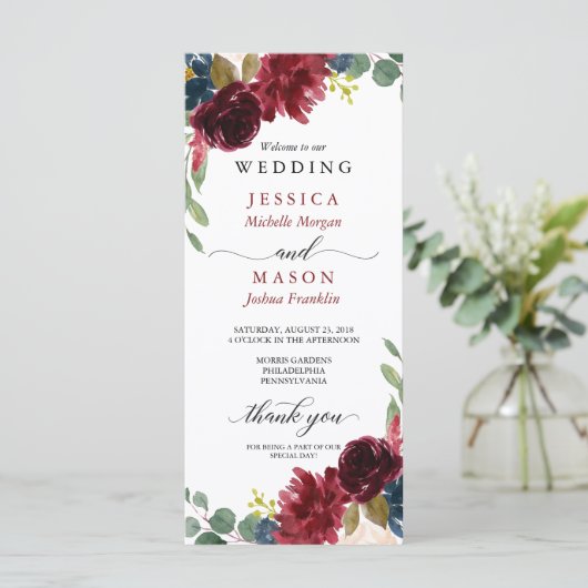 Het mooie Burgundy Weddenprogramma Programmakaart (Staand voorkant)