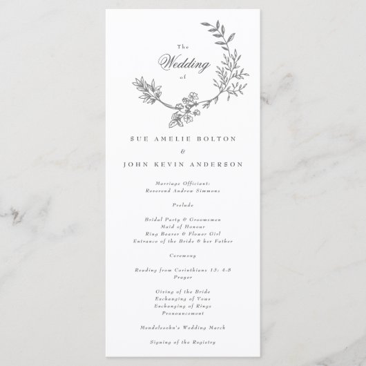 Het mooie Floral Monogram Sketched Wedding Program Programmakaart (Voorkant)