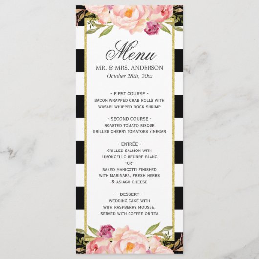 Het mooie Floral Stripes Modern Wedding Menu (Voorkant)