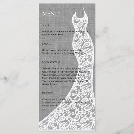 Het mooie Linen Vrijgezellenfeest-menu Menu (Voorkant)