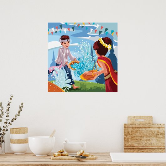 Het mooie Songkran-festival dat het water doorkrui Poster (Keuken)