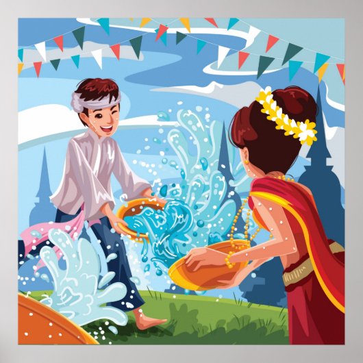 Het mooie Songkran-festival dat het water doorkrui Poster (Voorkant)