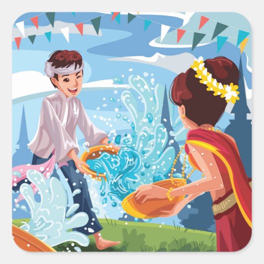 Het mooie Songkran-festival dat het water doorkrui Vierkante Sticker (Voorkant)