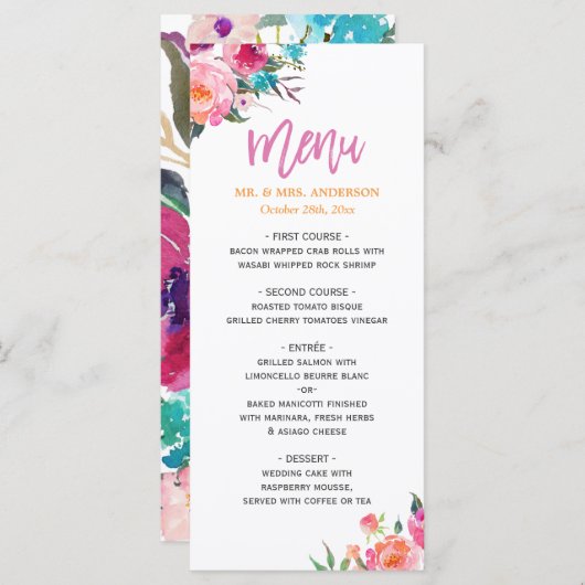 Het mooie Waterverf Floral Modern Wedding Menu (Voorkant / Achterkant)