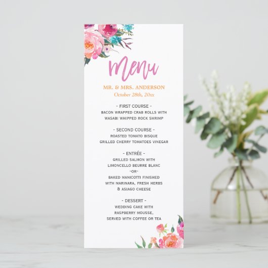 Het mooie Waterverf Floral Modern Wedding Menu (Staand voorkant)