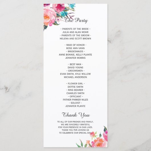 Het mooie Waterverf Floral Modern Wedding Programm Programmakaart (Achterkant)