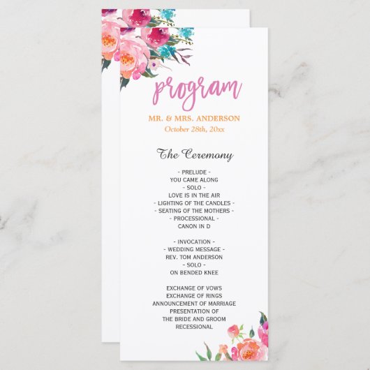 Het mooie Waterverf Floral Modern Wedding Programm Programmakaart (Voorkant / Achterkant)
