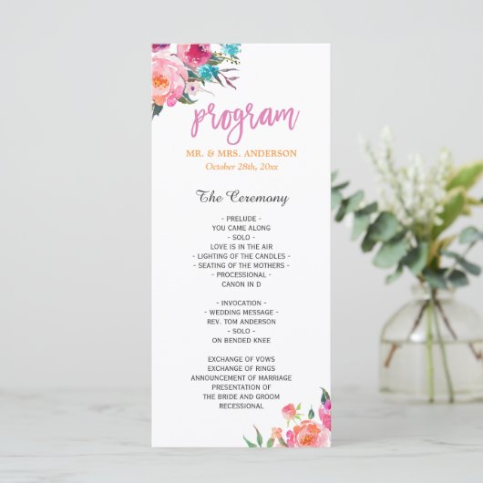 Het mooie Waterverf Floral Modern Wedding Programm Programmakaart (Staand voorkant)