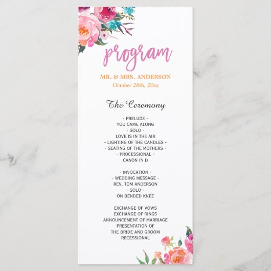 Het mooie Waterverf Floral Modern Wedding Programm Programmakaart (Voorkant)