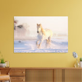 Het mooie witte paard Galloping in de sneeuw Canvas Afdruk (Insitu (Woonkamer))