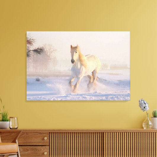 Het mooie witte paard Galloping in de sneeuw Canvas Afdruk (Insitu (Woonkamer))
