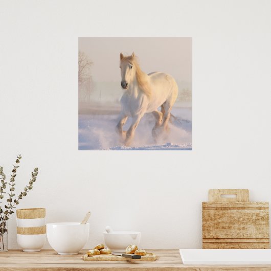 Het mooie witte paard Galloping in de sneeuw Poster (Keuken)