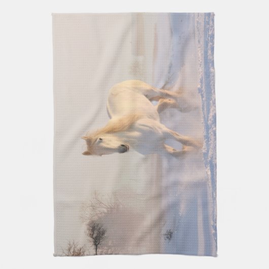 Het mooie witte paard Galloping in de sneeuw Theedoek (Verticaal)