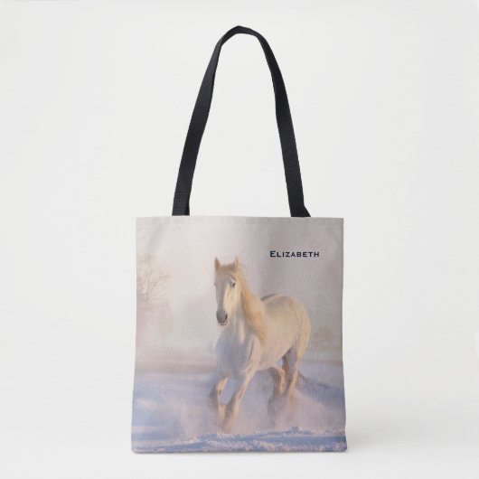 Het mooie witte paard Galloping in de sneeuw Tote Bag (Voorkant)