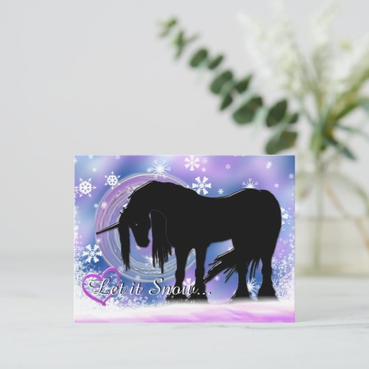 Het mystieke zwarte eenhoorn (Laat het sneeuwen) Feestdagenkaart (Staand voorkant)