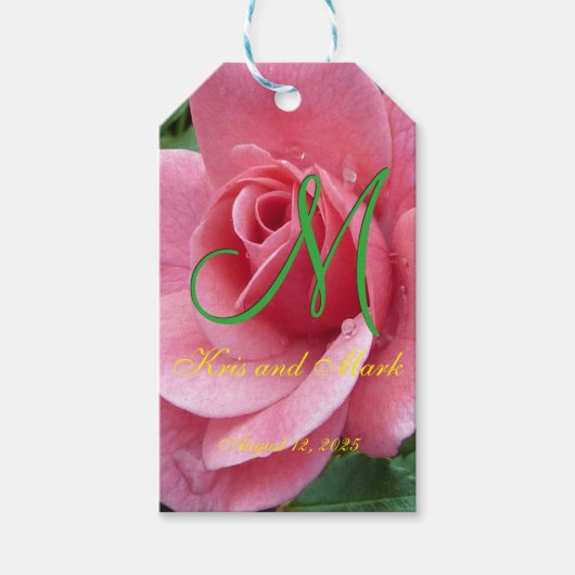 Het natte Roze nam Monogram toe Cadeaulabel (Voorkant)