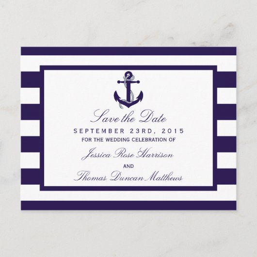 Het Nautical Anchor Navy Stripe Wedding Collectie Aankondigingskaart (Voorkant)