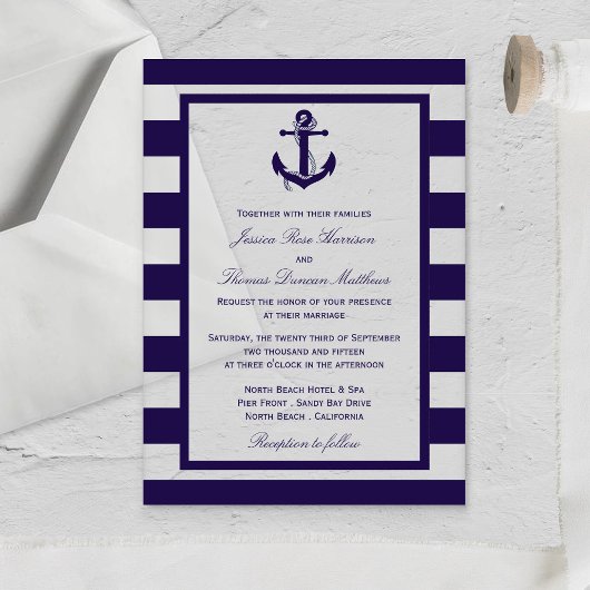 Het Nautical Anchor Navy Stripe Wedding Collectie Acryl Uitnodigingen