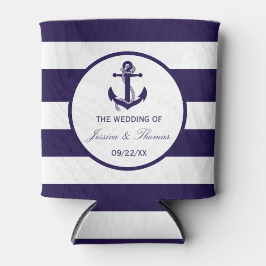 Het Nautical Anchor Navy Stripe Wedding Collectie Blikjeskoeler (Voorkant)
