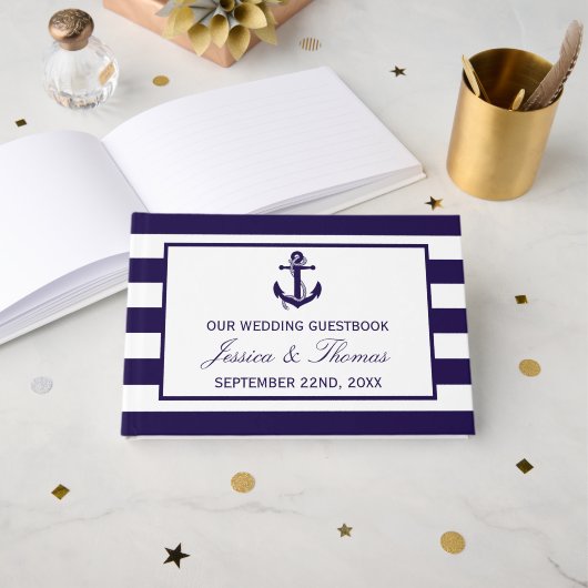 Het Nautical Anchor Navy Stripe Wedding Collectie Gastenboek (Voorkant open)