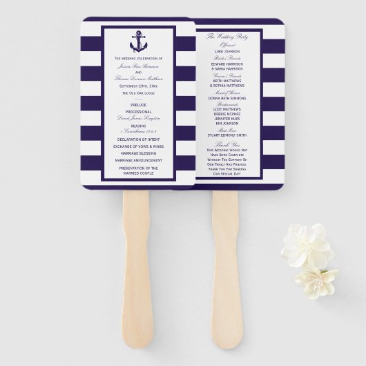 Het Nautical Anchor Navy Stripe Wedding Collectie Handwaaier (Voorkant en achterkant)