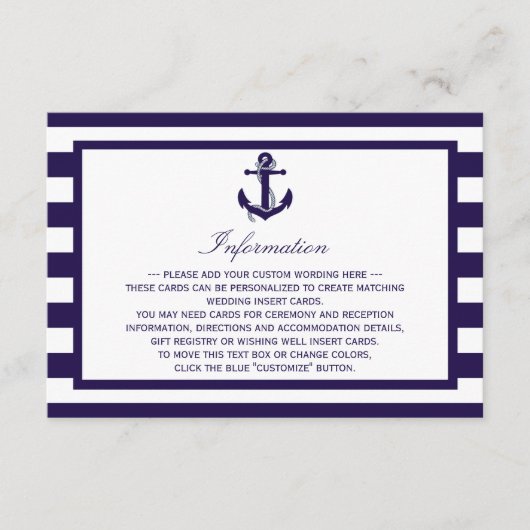 Het Nautical Anchor Navy Stripe Wedding Collectie Informatiekaartje (Voorkant)