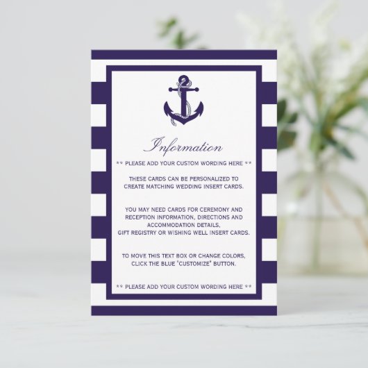 Het Nautical Anchor Navy Stripe Wedding Collectie Informatiekaartje (Staand voorkant)