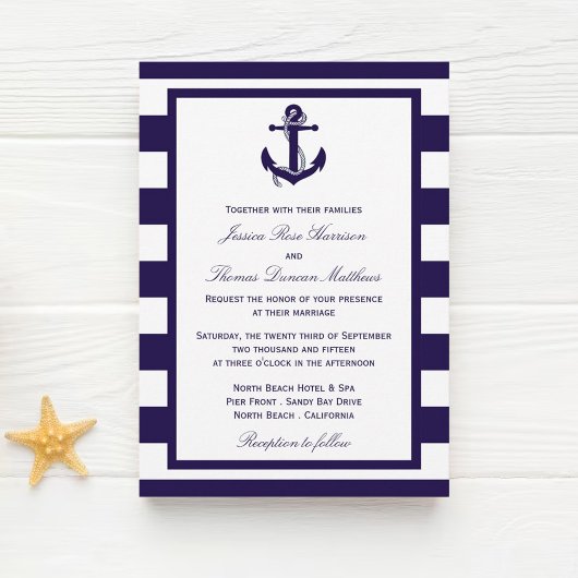 Het Nautical Anchor Navy Stripe Wedding Collectie Kaart