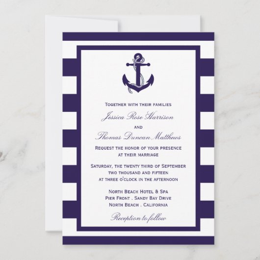 Het Nautical Anchor Navy Stripe Wedding Collectie Kaart (Voorkant)
