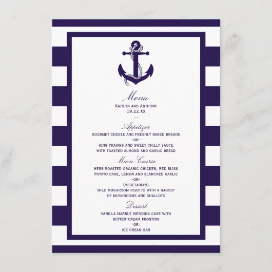 Het Nautical Anchor Navy Stripe Wedding Collectie Menu (Voorkant)