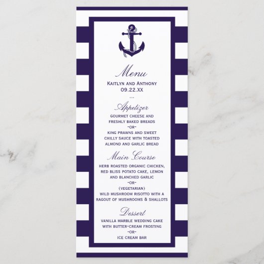 Het Nautical Anchor Navy Stripe Wedding Collectie Menu (Voorkant)