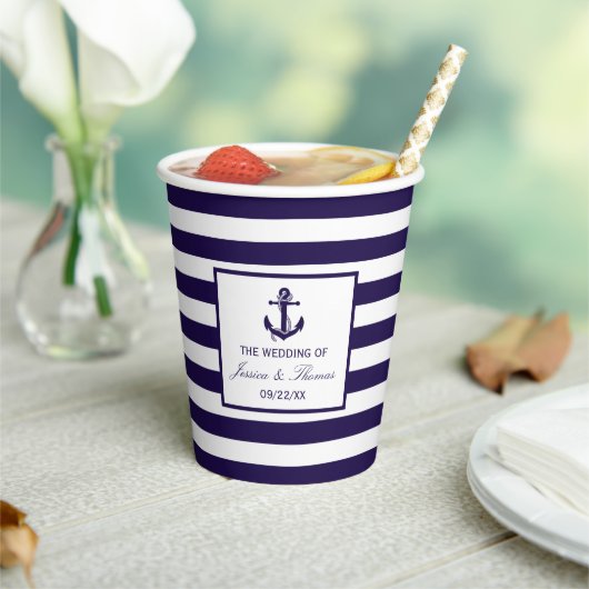 Het Nautical Anchor Navy Stripe Wedding Collectie Papieren Bekers (Insitu)