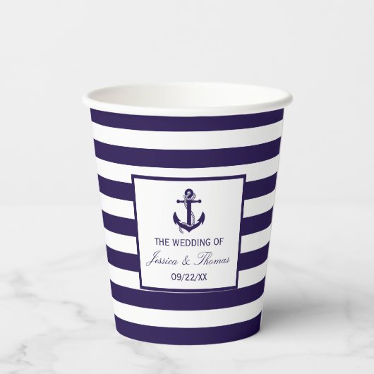 Het Nautical Anchor Navy Stripe Wedding Collectie Papieren Bekers (Achterkant)