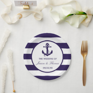 Het Nautical Anchor Navy Stripe Wedding Collectie Papieren Bordje