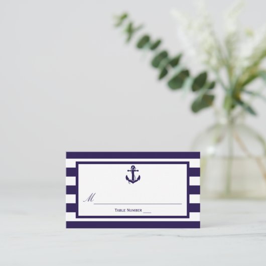 Het Nautical Anchor Navy Stripe Wedding Collectie Plaatskaartje (Staand voorkant)