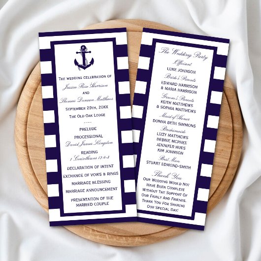Het Nautical Anchor Navy Stripe Wedding Collectie Programmakaart
