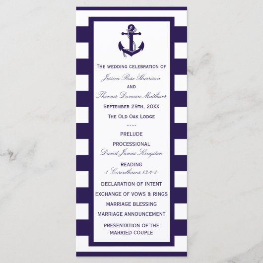 Het Nautical Anchor Navy Stripe Wedding Collectie Programmakaart (Voorkant)