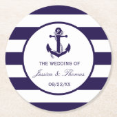 Het Nautical Anchor Navy Stripe Wedding Collectie Ronde Kartonnen Onderzetter (Voorkant)