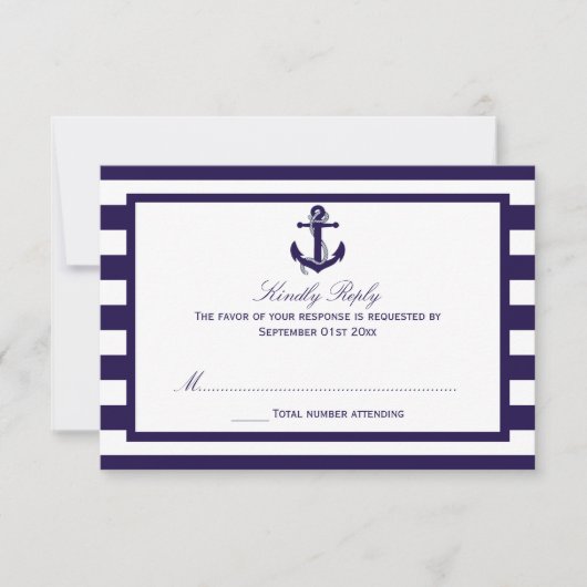 Het Nautical Anchor Navy Stripe Wedding Collectie RSVP Kaartje (Voorkant)