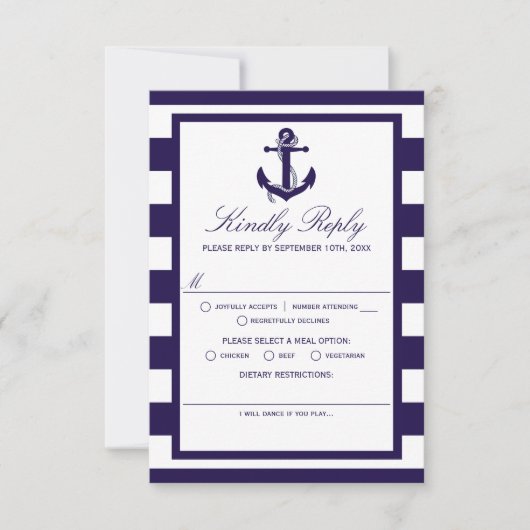 Het Nautical Anchor Navy Stripe Wedding Collectie RSVP Kaartje (Voorkant)